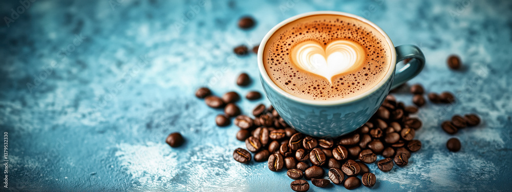 Close-up of a latte with a heart design in the foam, surrounded by scattered coffee beans on a textured blue surface.