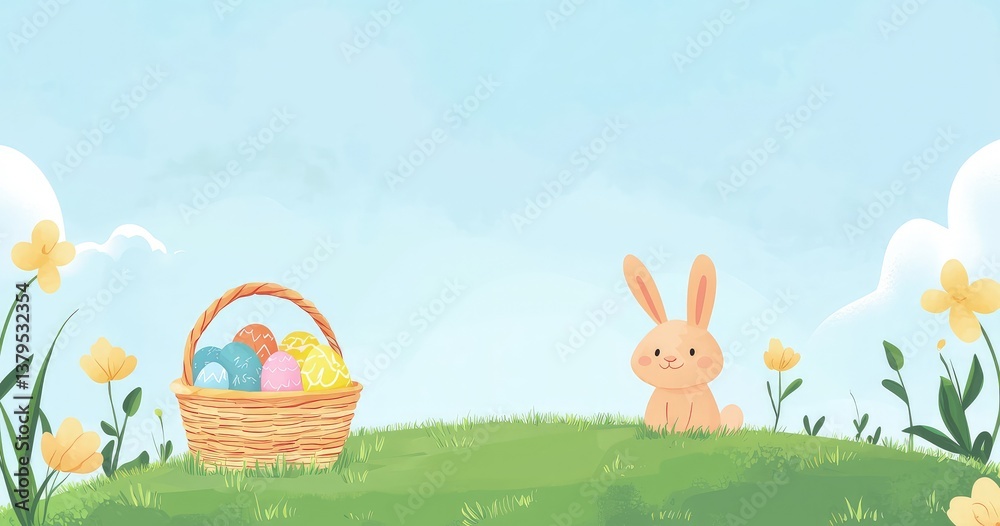 Fototapeta premium Easter banner with a cute bunny and a basket of colorful eggs on grassy hills under a blue sky. Ideal for spring events, kids’ designs, festive ads, and greeting cards