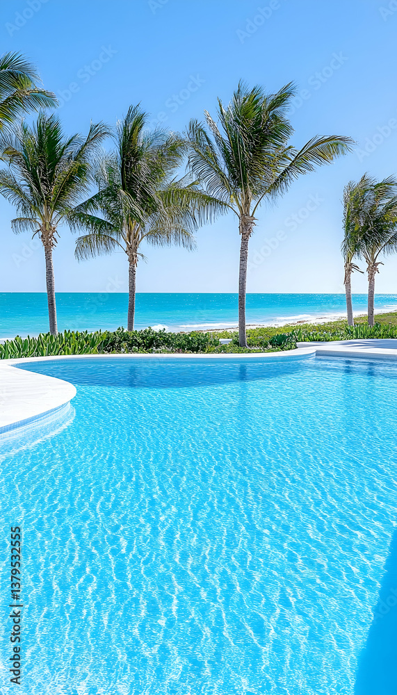Fototapeta premium Tranquil poolside view; turquoise water, palm trees, and ocean backdrop