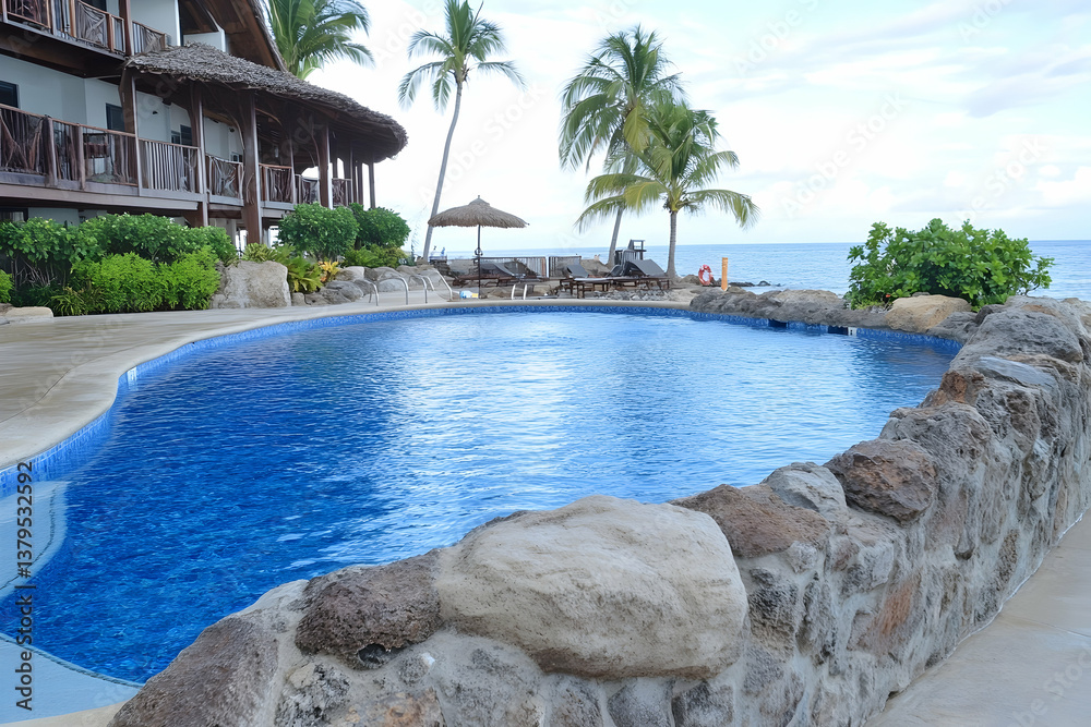 Obraz premium Tropical resort pool, ocean view