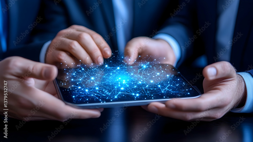Two businesspeople collaboratively examine a glowing network displayed on a tablet Two businesspeople collaboratively examine a glowing network displayed on a tablet