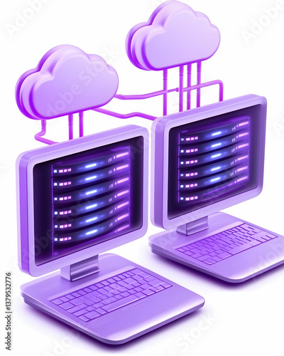 Obraz na płótnie Two computers connected to cloud servers, illustrating data synchronization or network storage w salonie