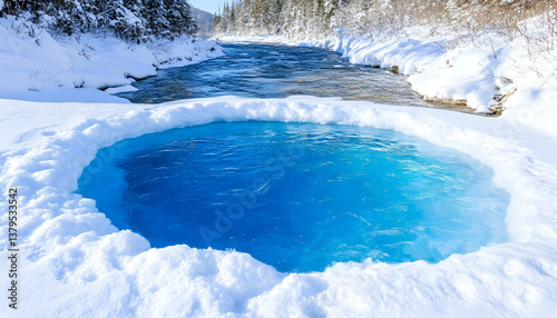 Vibrant blue pool of water surrounded by snow, nestled in a winter river valley