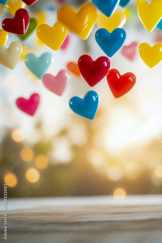 Close-up of colorful heart-shaped confetti falling against a blurred background with bokeh lights.