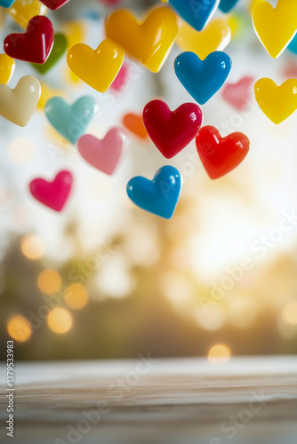 Obraz na płótnie Close-up of colorful heart-shaped confetti falling against a blurred background with bokeh lights. w salonie