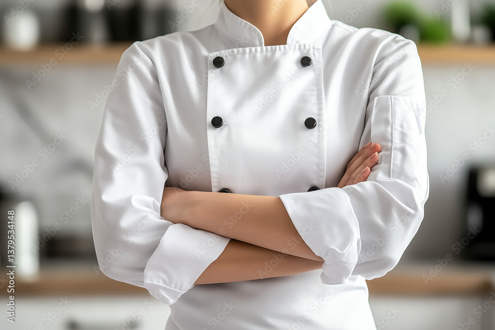 Close-up of a chef in a white uniform with their arms crossed.