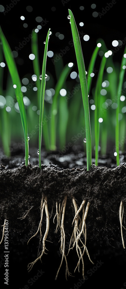 Close-up of wheatgrass growing in soil, with visible roots and dew drops on the blades.