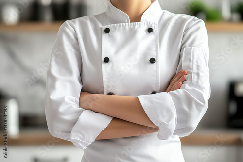 Obraz na płótnie Close-up of a chef in a white uniform with their arms crossed. w salonie