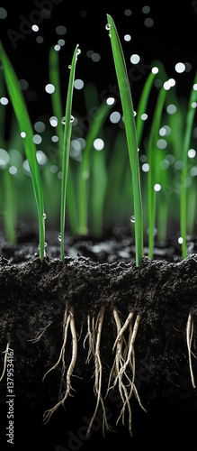 Obraz na płótnie Close-up of wheatgrass growing in soil, with visible roots and dew drops on the blades. w salonie