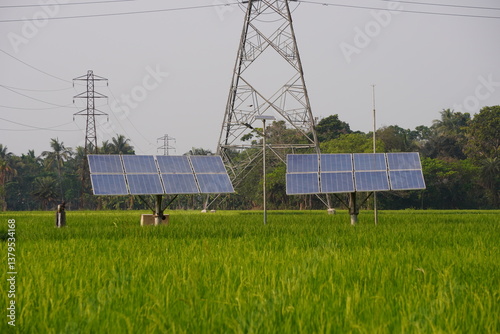 A crop field pump house utilizing solar panels for power on the paddy field, an electricity pylon in the background