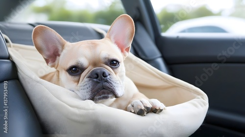 A French bulldog rests peacefully in a soft tan car seat hammock designed to protect the vehicle s upholstery from fur and dirt during travel