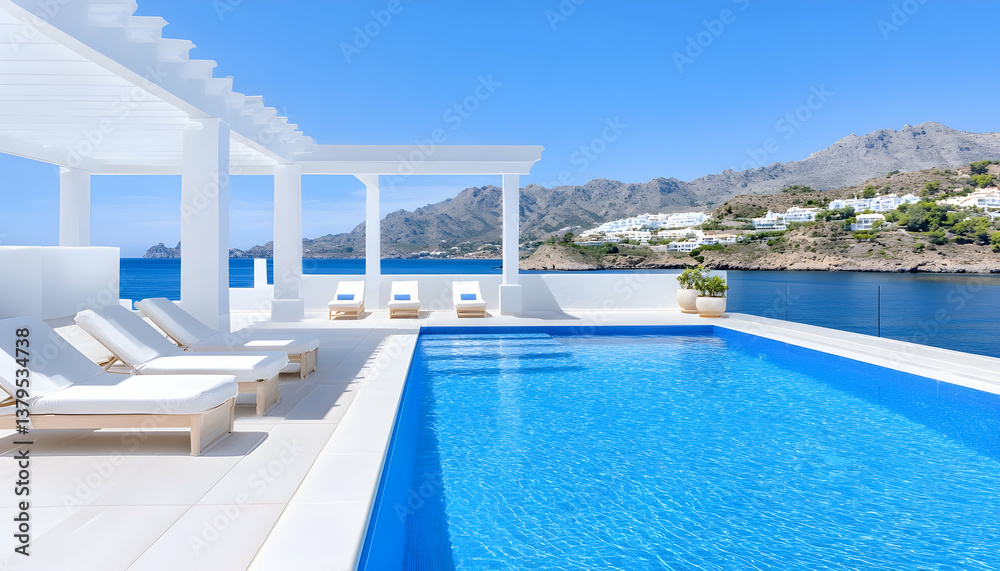 Obraz premium White villa rooftop infinity pool overlooking ocean & mountains
