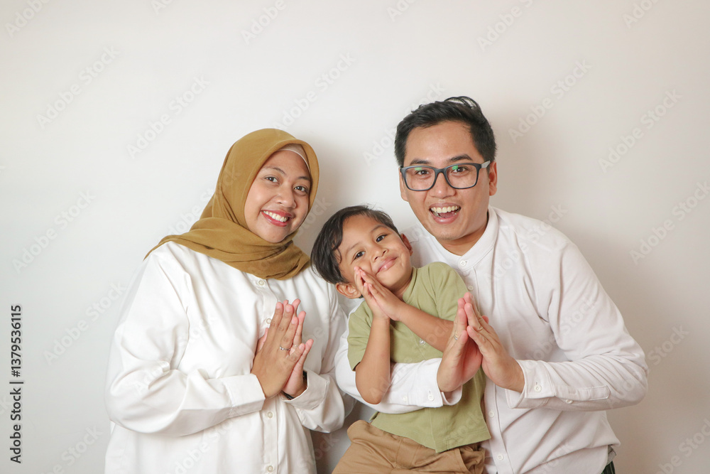 asian muslim family eid mubarak ramadan kareem celebration isolated over white background asian muslim family eid mubarak ramadan kareem celebration isolated over white background