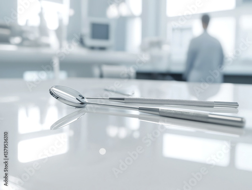 Sterile stainless steel dental tools on a reflective surface in a bright modern clinic