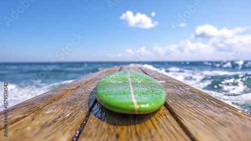 vibrant green surfboard rests on wooden dock, overlooking vast ocean under clear blue sky. scene captures essence of adventure and tranquility by sea