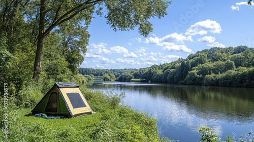 green tent is set up by calm river under sunny sky, surrounded by lush trees and greenery, creating peaceful and serene camping scene