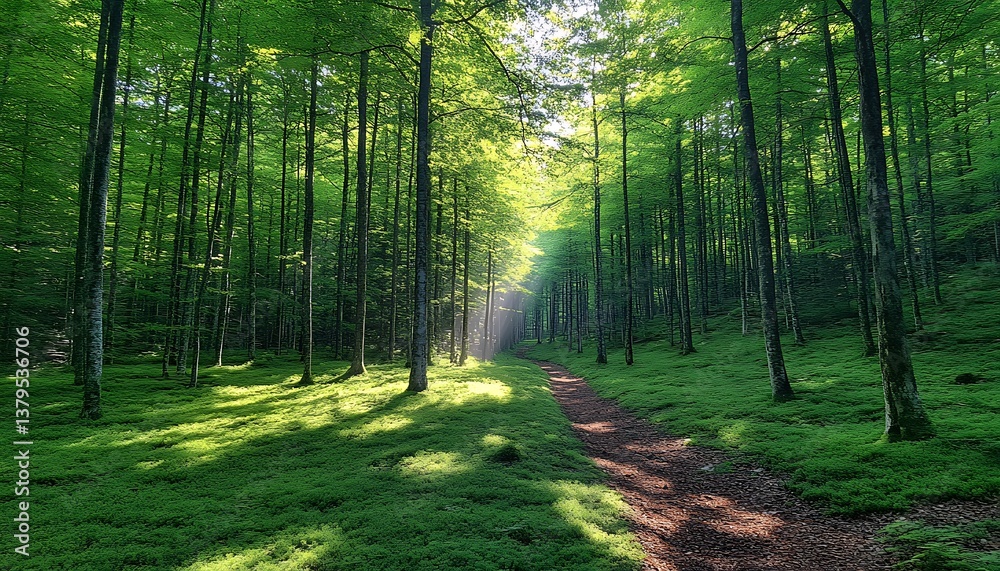Obraz premium Sunlit Forest Path with Green Trees.
