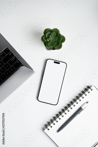 Flat lay of white blank screen smartphone, laptop, notebook, pen and little plant on white background.