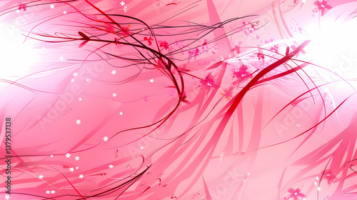 A vibrant pink abstract background with floral elements and flowing lines.