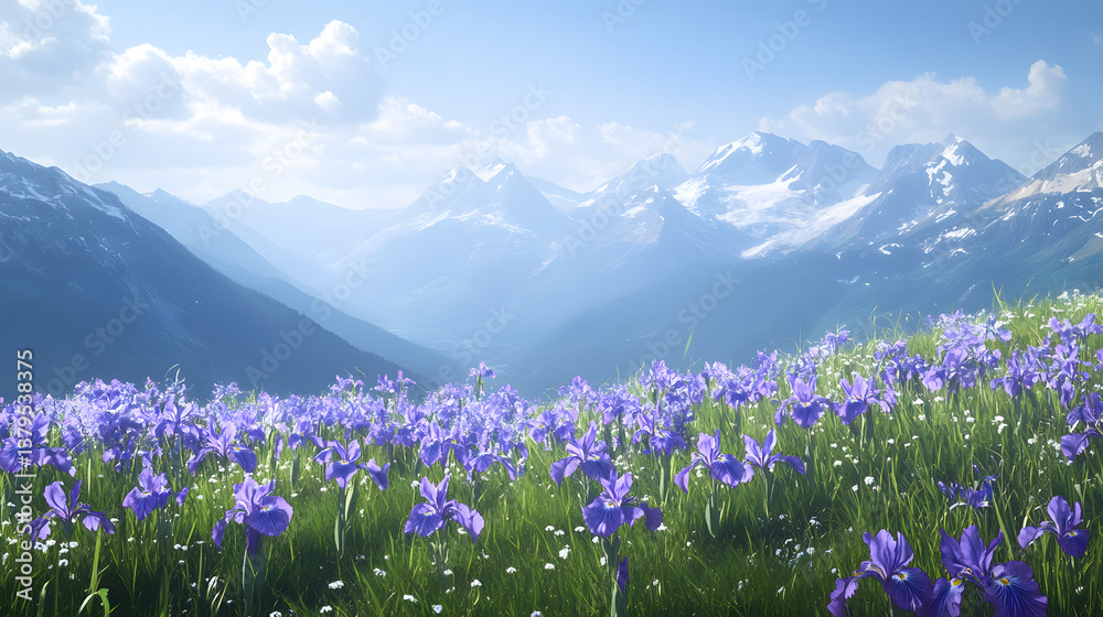 Fototapeta premium flower, nature, flowers, spring, plant, summer, field, blossom, meadow, purple, bloom, grass, landscape, garden, mountains, beauty, blue, floral, mountain, pink, flora, violet, color, outdoor, park
