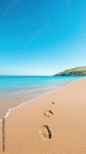 Tranquil beach scene with footprints in soft golden sand and calm water