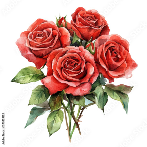 A watercolor vector illustration of Red roses bouquet, isolated on a white background.

