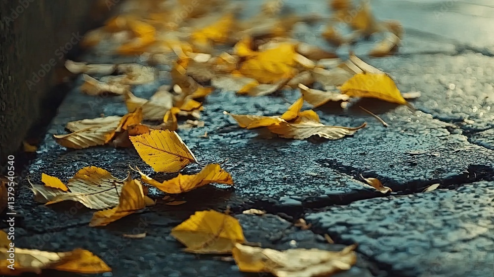 Golden autumn leaves scattered on cracked pavement surface Golden autumn leaves scattered on cracked pavement surface