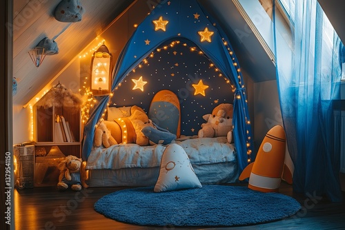 A cozy decorated bedroom with celestial themed lights and decor