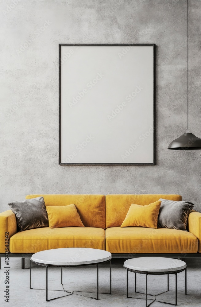 Interior Decor with Yellow Sofa and Blank Frame Against Concrete Wall Interior Decor with Yellow Sofa and Blank Frame Against Concrete Wall