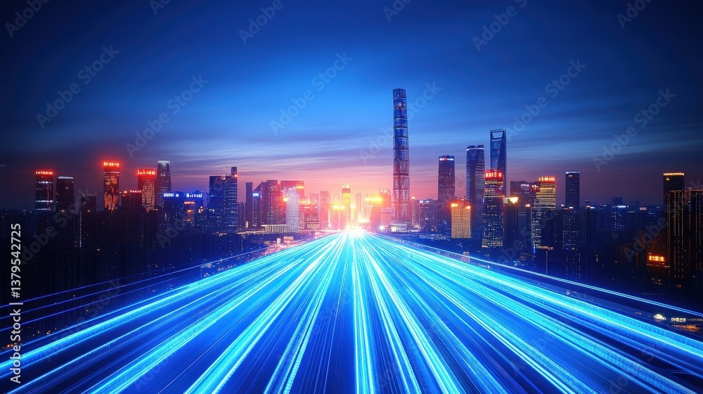 Modern City Skyline with Light Trails Modern City Skyline with Light Trails