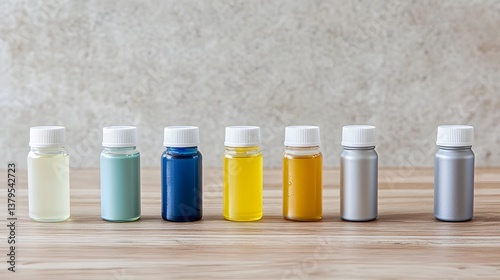 Assortment of multicolored bottles containing water treatment products such as aquarium conditioners and dechlorinators photo