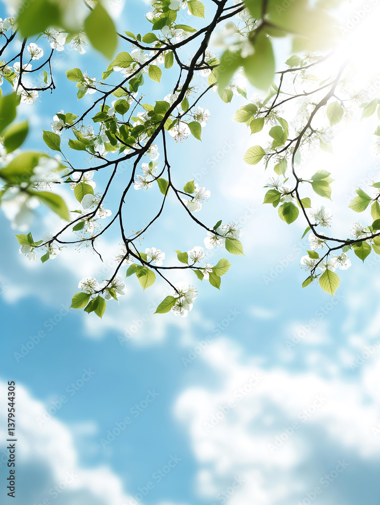 Spring branches with fresh green leaves and delicate white blossoms against a bright blue sky with soft clouds . Spring branches with fresh green leaves and delicate white blossoms against a bright blue sky with soft clouds .