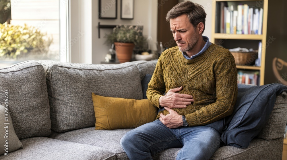 Obraz premium Man experiencing stomach pain on living room sofa, home background