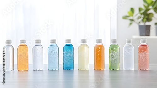 Collection of colorful bottles containing different aquarium water treatment products including conditioners and dechlorinators photo