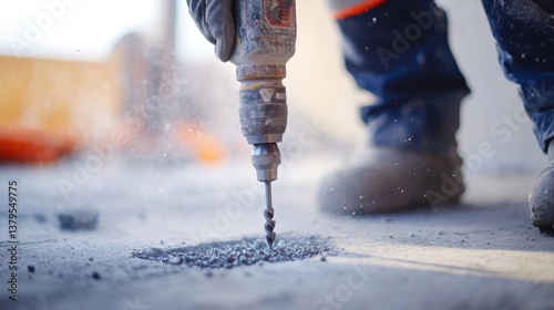 A construction worker drilling into concrete with a rotary hammer. Featuring precision and effort