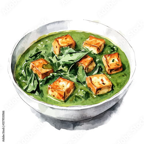 A watercolor vector illustration of Saag Paneer, isolated on a white background.

