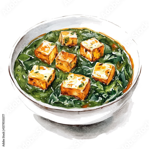 A watercolor vector illustration of Saag Paneer, isolated on a white background.

