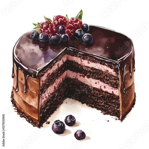 A watercolor vector illustration of Sacher Torte, isolated on a white background.

