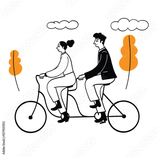 A couple rides a tandem bicycle, enjoying a leisurely cycle through a park.