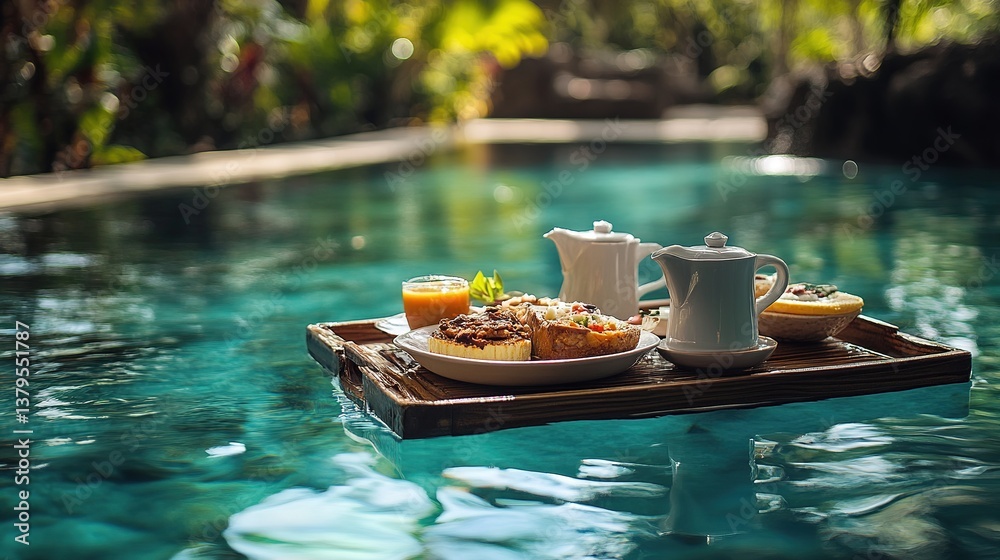 Obraz premium A delicious breakfast served on a floating tray in a resort pool.