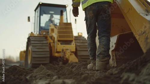 A construction worker guiding a bulldozer on-site. Featuring focus and coordination