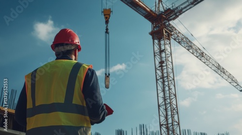 A construction worker guiding a crane operator to lift materials. Featuring teamwork and communication