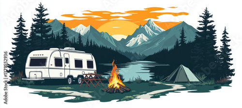 Captivating outdoor adventure illustration showcasing camper, campfire, tent, and serene mountains under a peaceful evening sky.