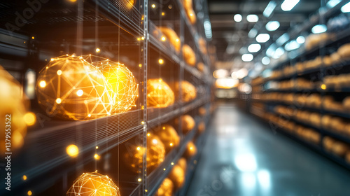 A futuristic view of a bread storage warehouse with a network of digital connection lines
