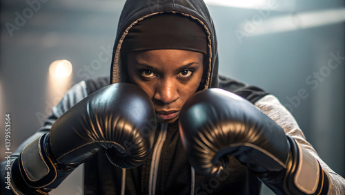 boxing gloves Focused boxer wearing gloves in gym ready for match