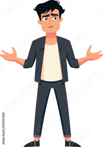 Young man in casual attire expressing confusion and uncertainty cartoon isolated on transparent background. Vector illustration.