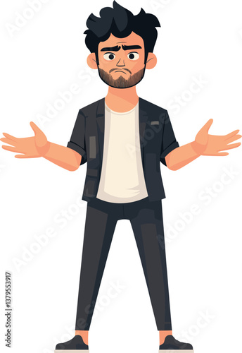 Character with messy hair expressing confusion in a casual outfit while standing with arms outstretched cartoon isolated on transparent background. Vector illustration.