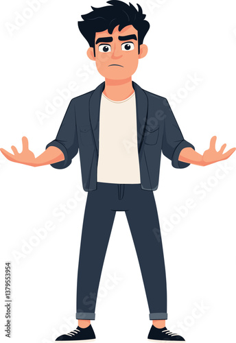 Young man in casual attire expressing confusion and uncertainty cartoon isolated on transparent background. Vector illustration.