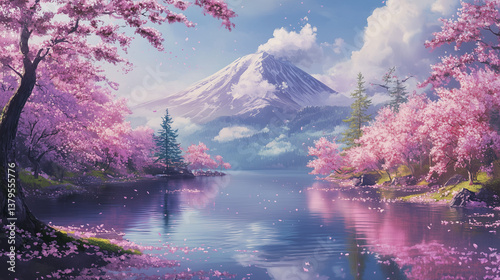 Scenic Spring Landscape Featuring Mount Fuji, Sakura Trees, and a Stunning Mirror Lake Reflection

