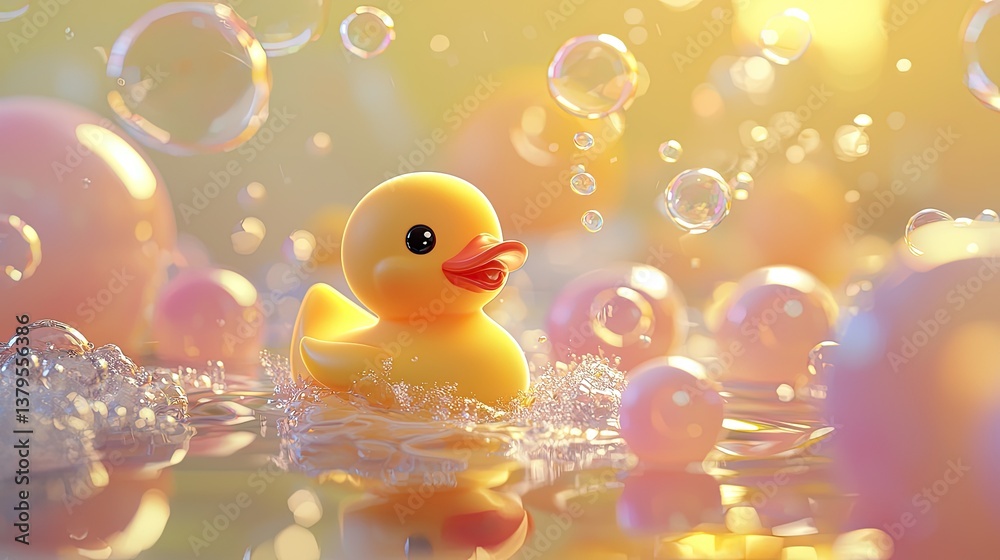 A bright yellow rubber ducky floats in soapy water A bright yellow rubber ducky floats in soapy water